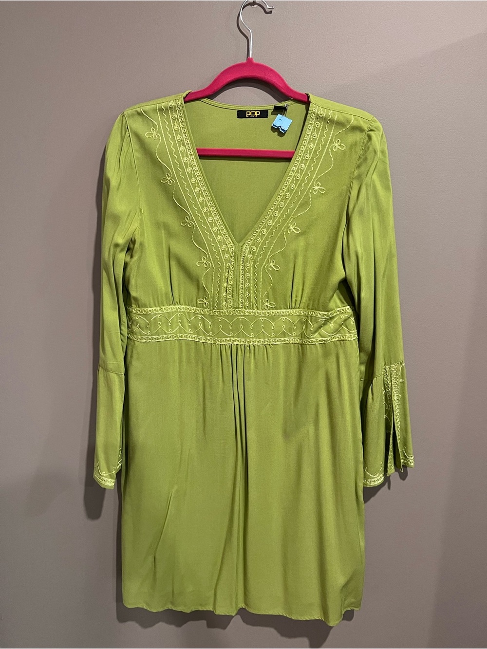 POP Green Embroidered V-Neck Dress